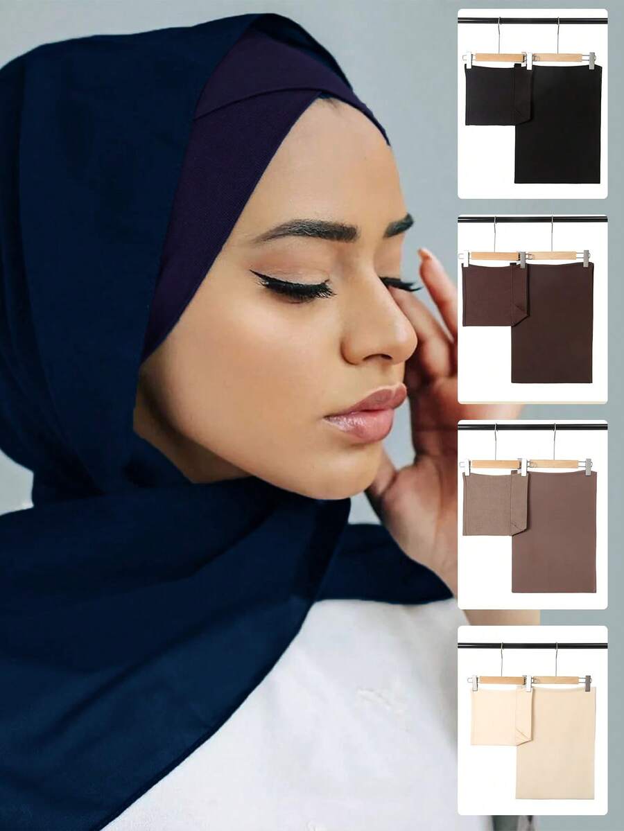 2入組女士十字帽與雪紡圍巾組合,單色珍珠雪紡頭箍交叉底帽組合 - 藏蓝色 - 查看 1