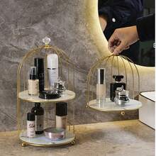 1入組鳥籠形狀鐵製收納架,適用於浴室化妝品組織整理、桌面口紅架、護膚品和盥洗用品收納架 - 鳥籠單層-白金款 - 查看 3