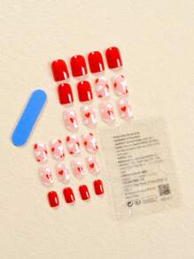 24 件套短方形紅白心形情人節主題時尚女孩美甲套裝,適合派對、舞蹈、日常穿著 - 彩色 - 查看 2