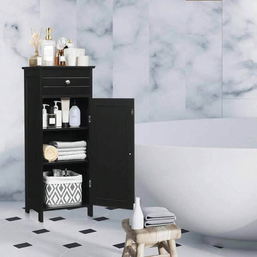 Bathroom Cabinet With Drawer, Midi Cabinet With Adjustable Shelves, Bathroom Cabinet Bathroom Chest Of Drawers Made Of Wood For Bathroom & Living Room, 30 X 35 X 87 Cm - 黑色 - 查看 1