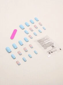 Trở nên quyến rũ hơn với 24 chiếc Dũa móng tay ngắn hình vuông màu xanh da trời kiểu Pháp Kim cương giả lấp lánh & 1 dũa móng tay & 1 tờ băng ép trên móng tay Đồ dùng làm móng - Nhiều màu - Xem 6