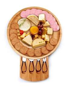 1pc Cheese Board Set With Cheese Knives & Forks, Bamboo Cheese Board Set With Drawer, Wooden Serving Platter For Cheese, Pizza, Bread, Snacks, Desserts & Party Food, Round Chopping Board For Kitchen, 2pcs Dinner Plate Sets, Bamboo Cheese Board Set, Unique Gift For Mother's Day, Housewarming, Wedding & Bridal Shower - Apricot - View 4