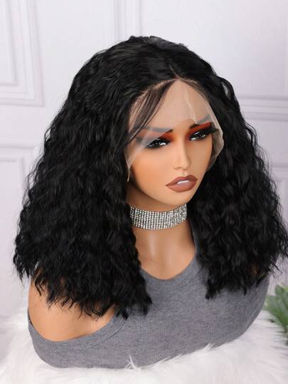16英寸180密度柔软合成蕾丝前假发，自然黑色短款波浪卷发，蓬松卷曲，带婴儿发，耐热，预先拔毛，适合日常佩戴，1件装
