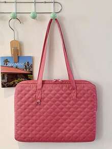 1pc Fashionable Rhombus Pattern Laptop Shoulder Bag For Girls - Hot Pink - View 8