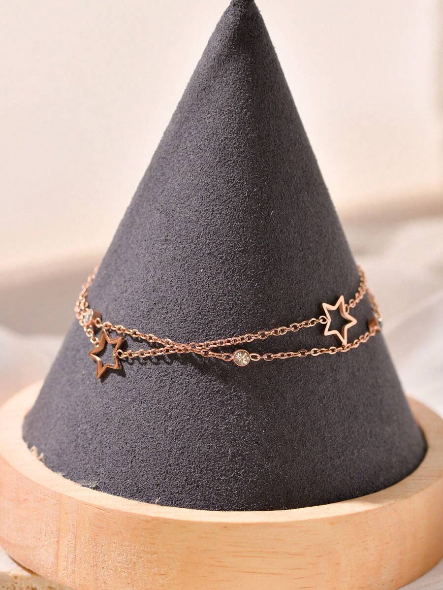 1只時尚簡約款雙層不銹鋼手鍊,星星細節設計,適合女性日常佩戴 - 玫瑰金 - 查看 1