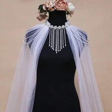 1pc Bridal Shawl With Pearls, Pearl Tulle Wedding Cape For Wedding Party Show - White - View 5