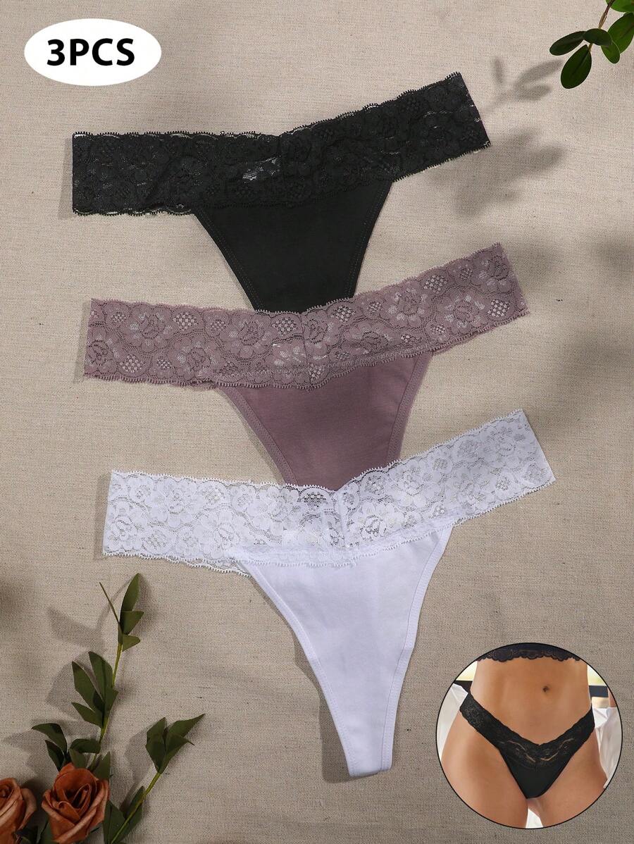 3pcs Lace Flower Pattern Sexy Thongs, Low Rise - Multicolor - View 1