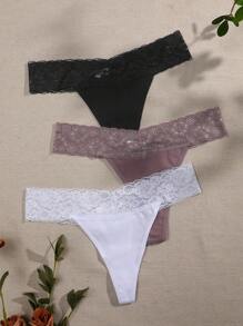 3pcs Lace Flower Pattern Sexy Thongs, Low Rise - Multicolor - View 3