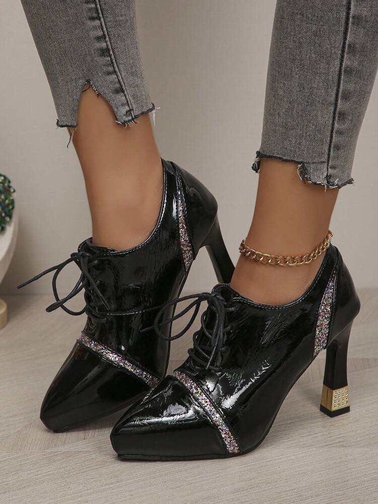 新款女式防水平台高跟鞋,尖頭,綁帶設計,細跟與交叉帶 - 黑色 - 查看 1