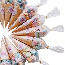 50 piezas de Bolsas de dulces DIY, bolsas de almacenamiento cónicas transparentes, decoración para fiesta de boda y cumpleaños, bolsas de regalo de cumpleaños, Navidad - transparente - Ver 1