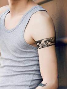 1件波浪刺青貼紙,耐水性和持久性良好,男士手臂專用 - 黑色 - 查看 2