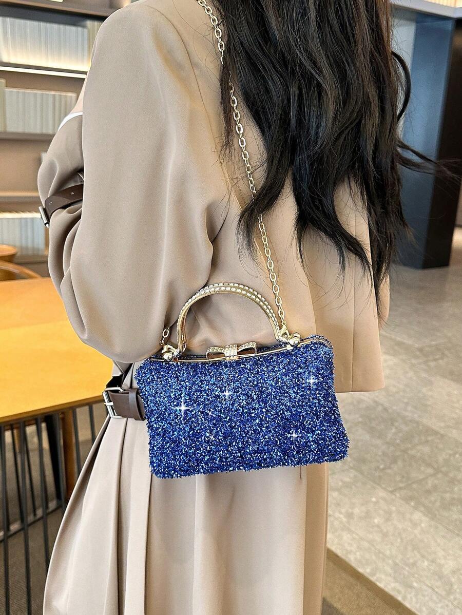 豪華鑲鑽晚宴包鏈帶女款,情人節理想禮物,可作手提包、肩包或斜揹包使用 - 藍色 - 查看 1