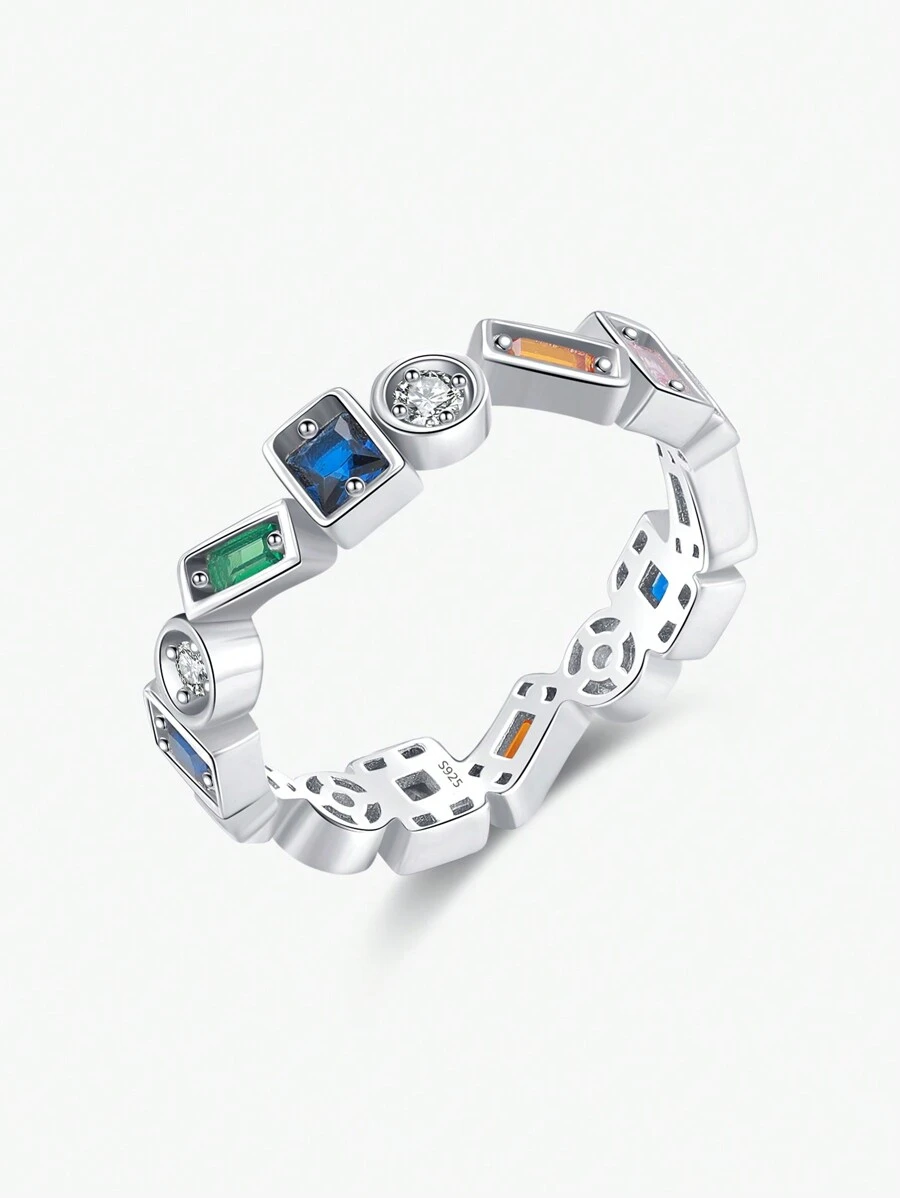 MODIAN Anillo de dedo apilable de diseño asimétrico de plata de ley 925, anillo de fiesta con circonita colorida de moda como regalo de joyería para mujeres - Plateado - Ver 1