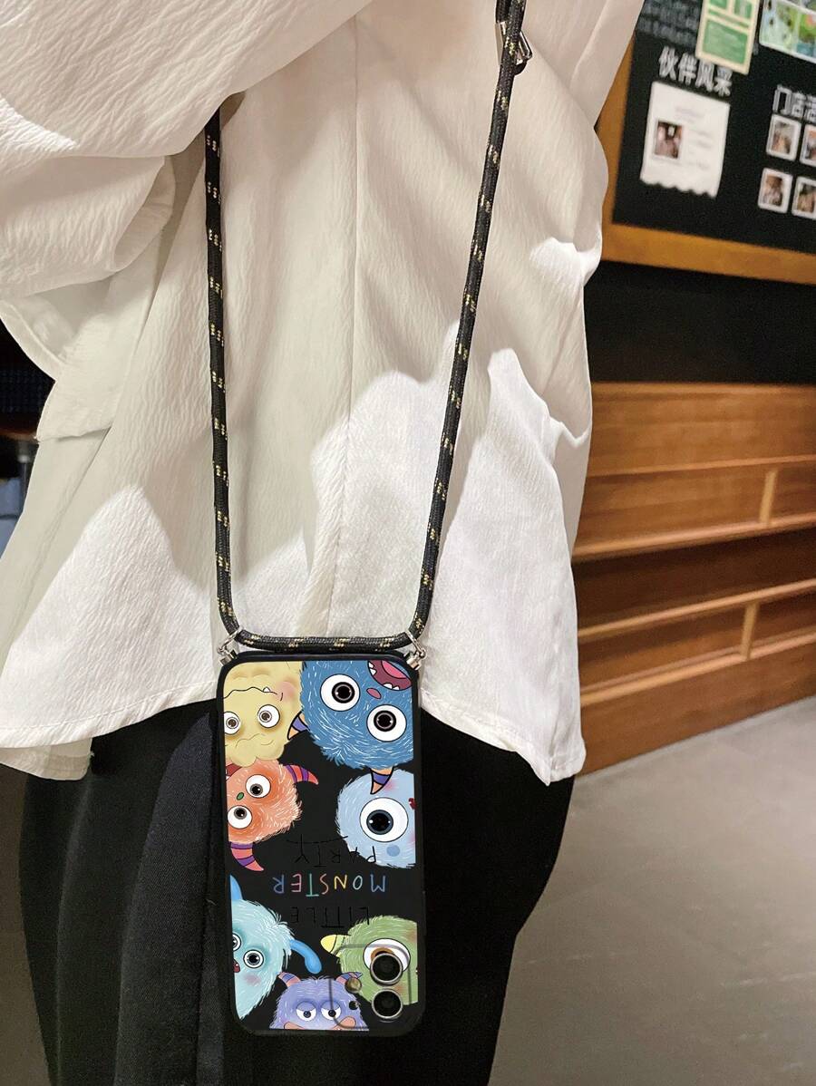 挂绳款 1 件装 时尚大眼怪兽设计保护手机壳，兼容苹果/红米/vivo/OPPO 手机，国际版，非国内版 - 黑色 - 查看 1