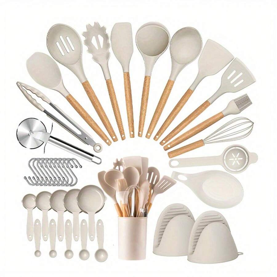36入組矽膠廚房烹飪器具,木柄耐高溫烹調器具套裝,不粘廚房小工具,包括刮刀、湯匙、比薩刀、烹飪用品、廚房配件、家用廚房項目 - 卡其色 - 查看 1