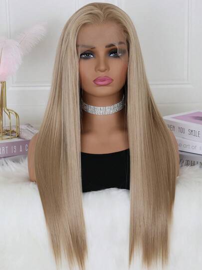 13*4金色合成纖維蕾絲前假髮,預拉直自然髮線長假髮適用於女性,無膠假髮前假髮,抗熱纖維頭髮24英寸