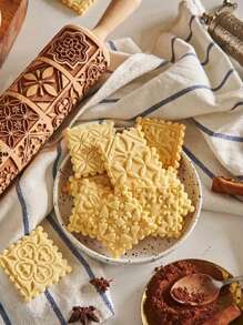 1入組天然木製花紋與雪花壓花擀麵棍製作壓花曲奇、烘焙工具 - 棕色 - 查看 5