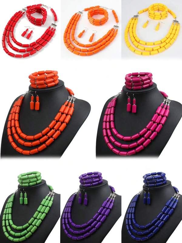 طقم مجوهرات (أقراط، سوار، عقد) متعدد الطبقات والألوان مع خرزات الراتنج، مناسب لإطلالات حفلات الكوكتيل وليلة الموعد للنساء (4قطع)