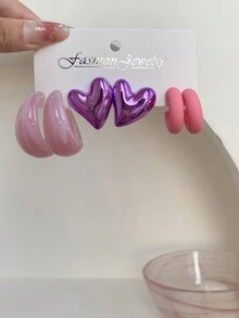 1 Set Of 3 Pairs Simple And Elegant Geometric Mismatch Shape Heart Stud Earrings, Suitable For Women's Daily Wear - Multicolor - View 5