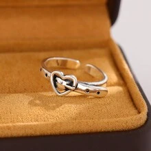 1 件復古鏤空心形人造皮革開口戒指,適合女士日常佩戴 - 復古銀色 - 查看 5