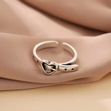 1 件復古鏤空心形人造皮革開口戒指,適合女士日常佩戴 - 復古銀色 - 查看 2