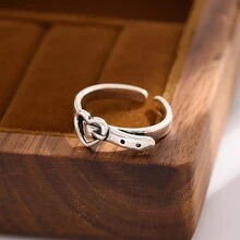 1 件復古鏤空心形人造皮革開口戒指,適合女士日常佩戴 - 復古銀色 - 查看 6