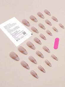 24入組杏仁形極簡設計長款假指甲，附1支指甲文件和1支果凍膠壓式假指甲產品