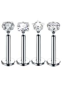 4入組/套方形、星形、心形和圓形唇釘與方晶鋯石組合 - 銀色 - 查看 4