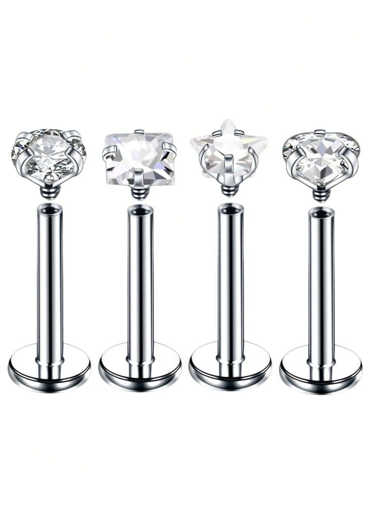 4 pièces/set Clou à lèvres combinaison et cercle en forme de avec zircone cubique - Argent - Voir 4
