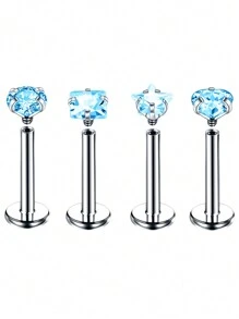 4入組/套方形、星形、心形和圓形唇釘與方晶鋯石組合 - 銀色 - 查看 7