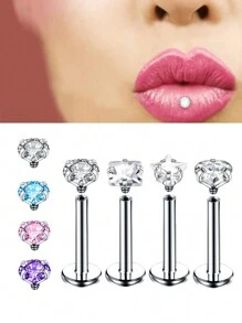 4入組/套方形、星形、心形和圓形唇釘與方晶鋯石組合 - 銀色 - 查看 1