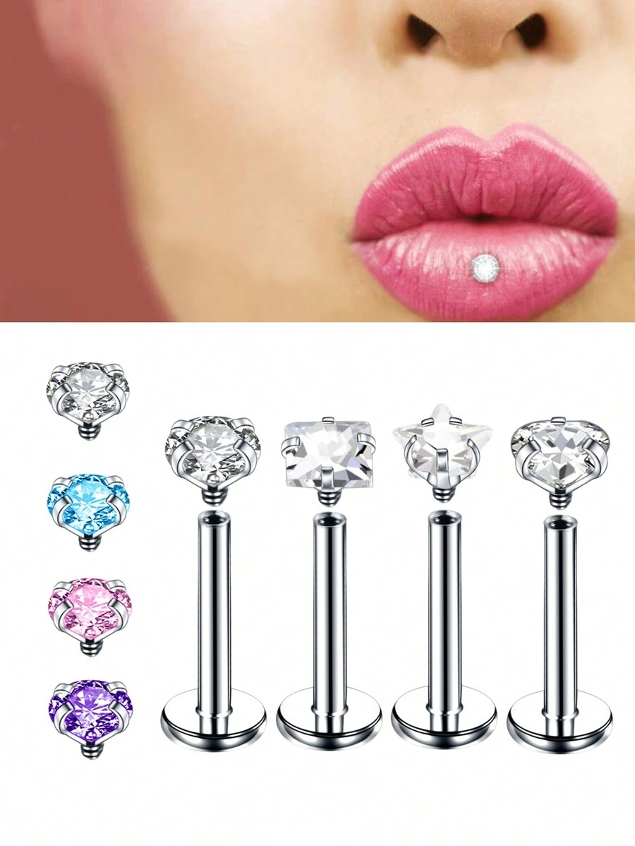 4入組/套方形、星形、心形和圓形唇釘與方晶鋯石組合 - 銀色 - 查看 1