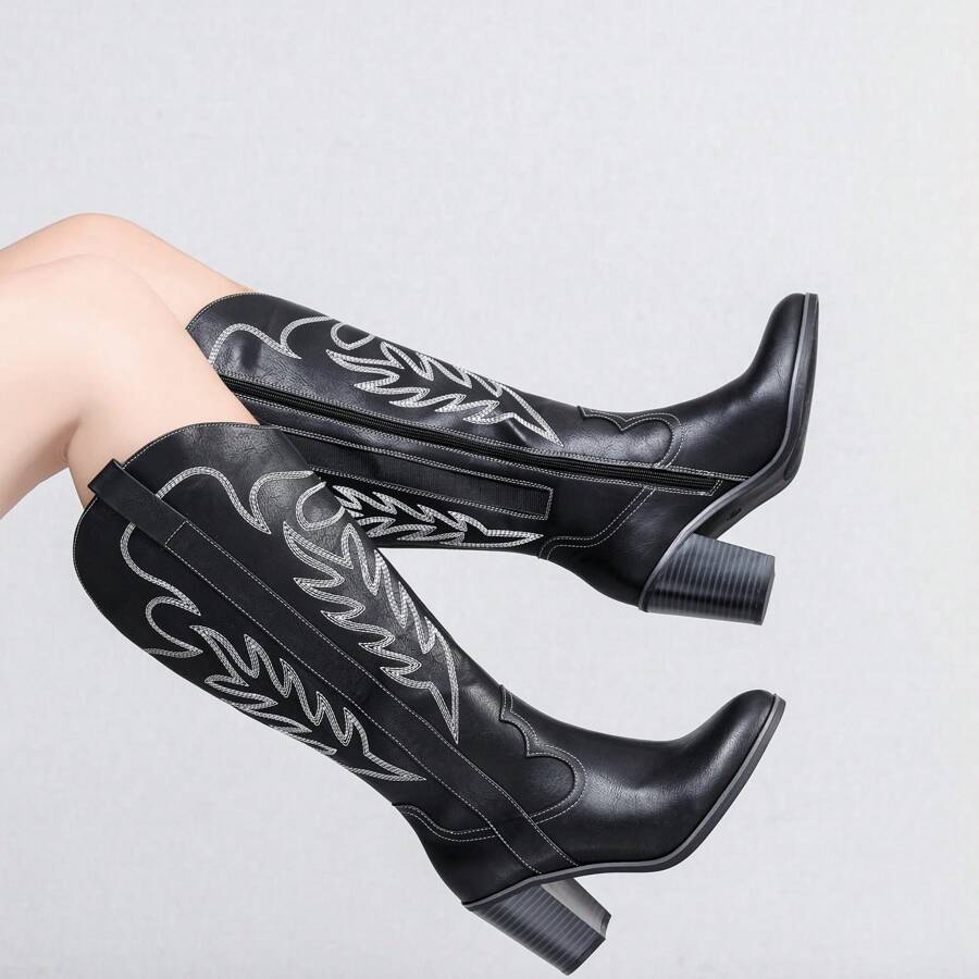 Women'S Extra Wide Calf Cowboy Knee High Boots, Wide Width Cowgirl Slouchy Boots Chunky Pump Heel Plus Size Western Boots. - 黑色 - 查看 1