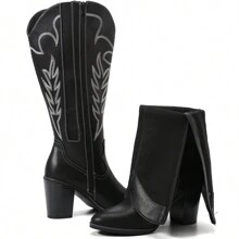 Women'S Extra Wide Calf Cowboy Knee High Boots, Wide Width Cowgirl Slouchy Boots Chunky Pump Heel Plus Size Western Boots. - 黑色 - 查看 8