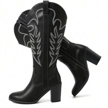 Women'S Extra Wide Calf Cowboy Knee High Boots, Wide Width Cowgirl Slouchy Boots Chunky Pump Heel Plus Size Western Boots. - 黑色 - 查看 7