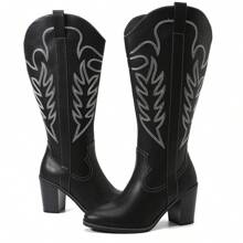 Women'S Extra Wide Calf Cowboy Knee High Boots, Wide Width Cowgirl Slouchy Boots Chunky Pump Heel Plus Size Western Boots. - 黑色 - 查看 10