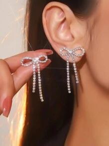 Retro Shining Tassel Club Bowknot Crystal Rhinestone Earrings Stud Wedding Party Graduation Jewelry 1 Pair - Silver - View 11