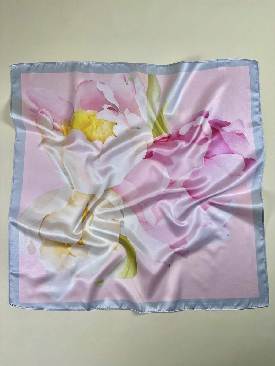 1條女士綻放花卉印花方形絲巾,優雅粉色頸巾頭巾女士緞子頭巾髮飾 - 粉色 - 查看 1