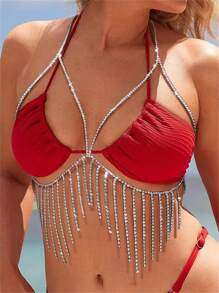 1 Pieza Cadena De Pecho De Cristal Para Mujeres, Accesorio De Bikini De Discoteca - Plateado - Ver 1