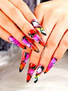 24pcs Almond Shaped Nail Art Tips, Gothic Style Color Block Design, Comes With 1pc Jelly Glue And 1pc Nail File, Suitable For Women's Nail Decoration Art - Multicolor - View 3