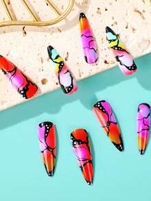 24pcs Almond Shaped Nail Art Tips, Gothic Style Color Block Design, Comes With 1pc Jelly Glue And 1pc Nail File, Suitable For Women's Nail Decoration Art - Multicolor - View 2