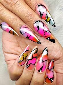 24pcs Almond Shaped Nail Art Tips, Gothic Style Color Block Design, Comes With 1pc Jelly Glue And 1pc Nail File, Suitable For Women's Nail Decoration Art - Multicolor - View 1