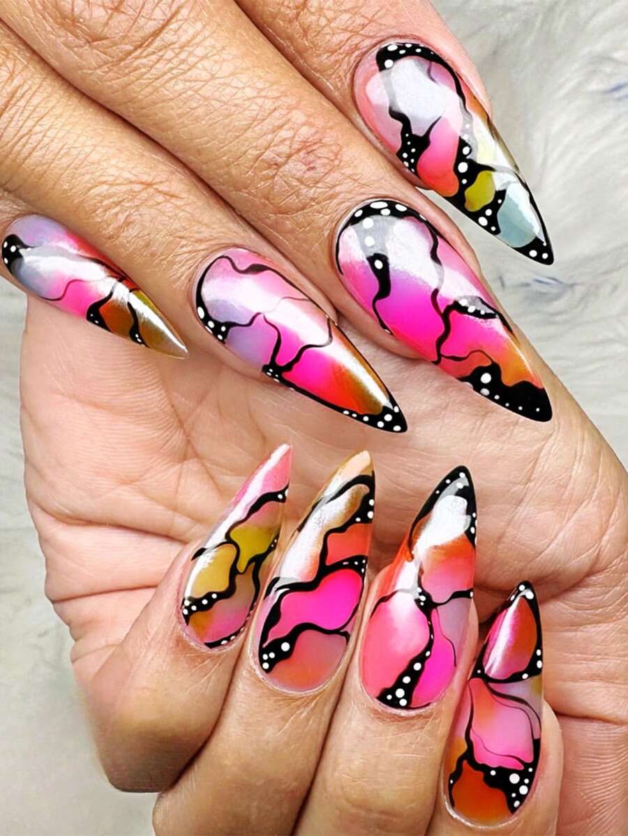 24pcs Almond Shaped Nail Art Tips, Gothic Style Color Block Design, Comes With 1pc Jelly Glue And 1pc Nail File, Suitable For Women's Nail Decoration Art - Multicolor - View 1