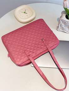 1pc Fashionable Rhombus Pattern Laptop Shoulder Bag For Girls - Hot Pink - View 3