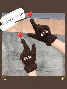 1pc Coral Fleece Knit Warm Windproof Student Gloves With Cute Smiling Face Pattern, White - White - View 2