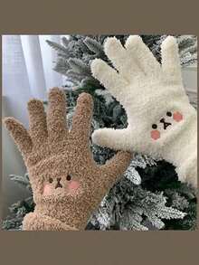 1pc Coral Fleece Knit Warm Windproof Student Gloves With Cute Smiling Face Pattern, White - White - View 1