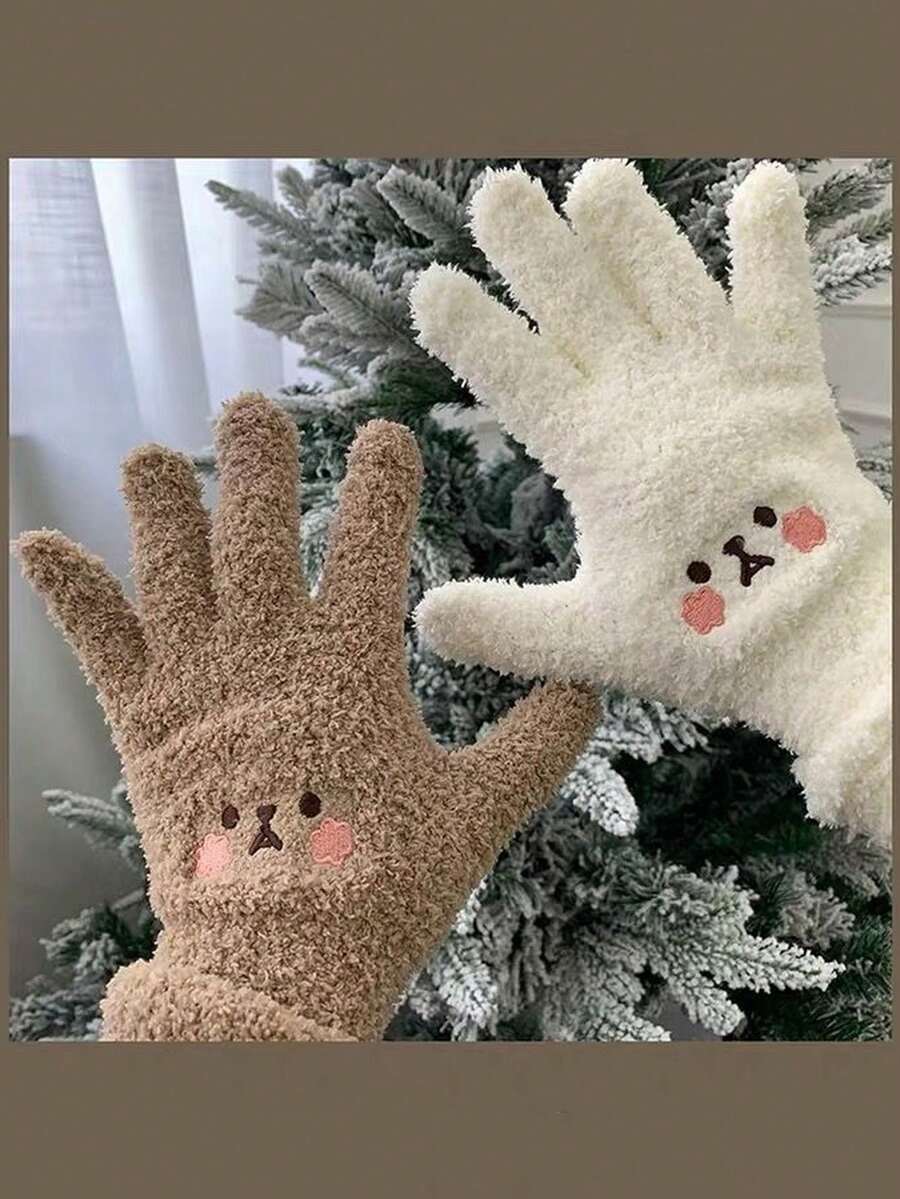 1pc Coral Fleece Knit Warm Windproof Student Gloves With Cute Smiling Face Pattern, White - White - View 1