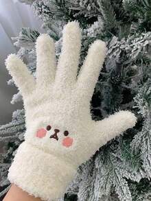 1pc Coral Fleece Knit Warm Windproof Student Gloves With Cute Smiling Face Pattern, White - White - View 6