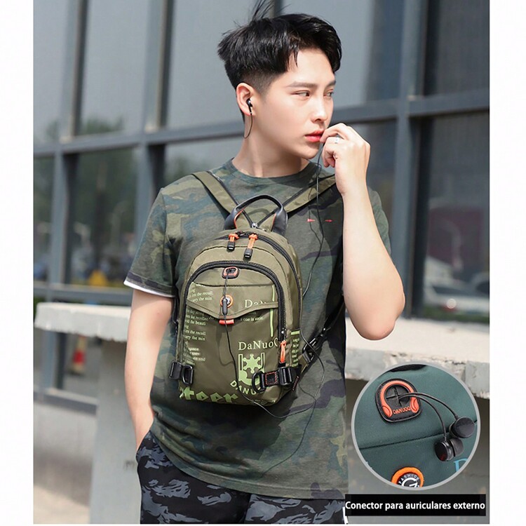 Bolso Pecho Cruzada Mochila Hombre Impermeable Multifunción - Verde militar - Añade 2