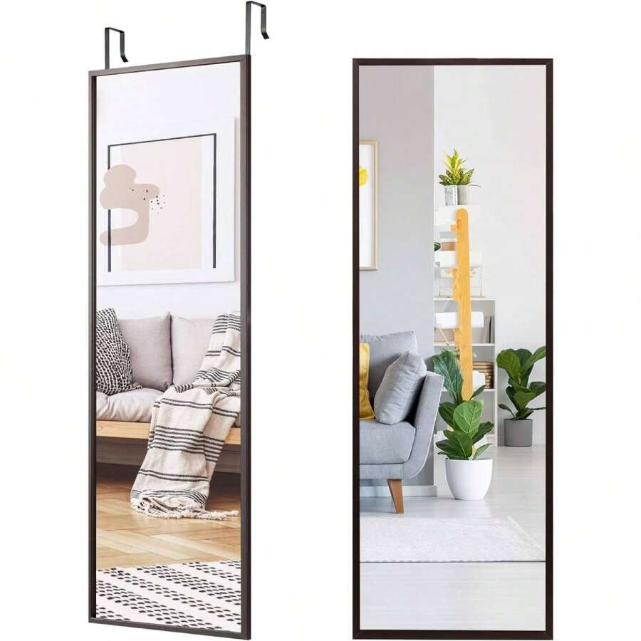 Height-Adjustable Wall Mirror, Door Mirror With Hook, Wardrobe Mirror Made Of Shatter-Proof Glass, 2 Installation Methods, Iron Frame, For Bedroom Hallway Wardrobe - Brown - View 1